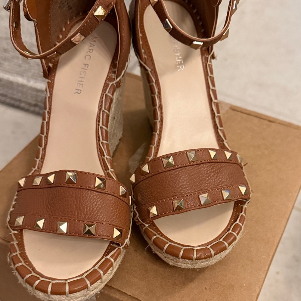 Marc Fisher Tan Leather Studded Ankle-Strap Sandals - Picture 3 of 12